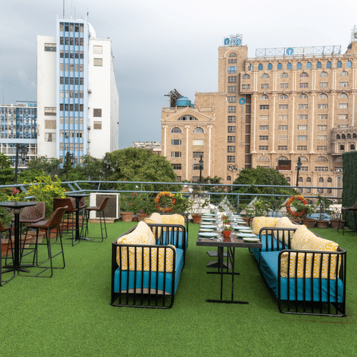 A rooftop garden cafe with artificial grass, potted plants, and a view of an ornate building in the background. - Polo Floatel Kolkata