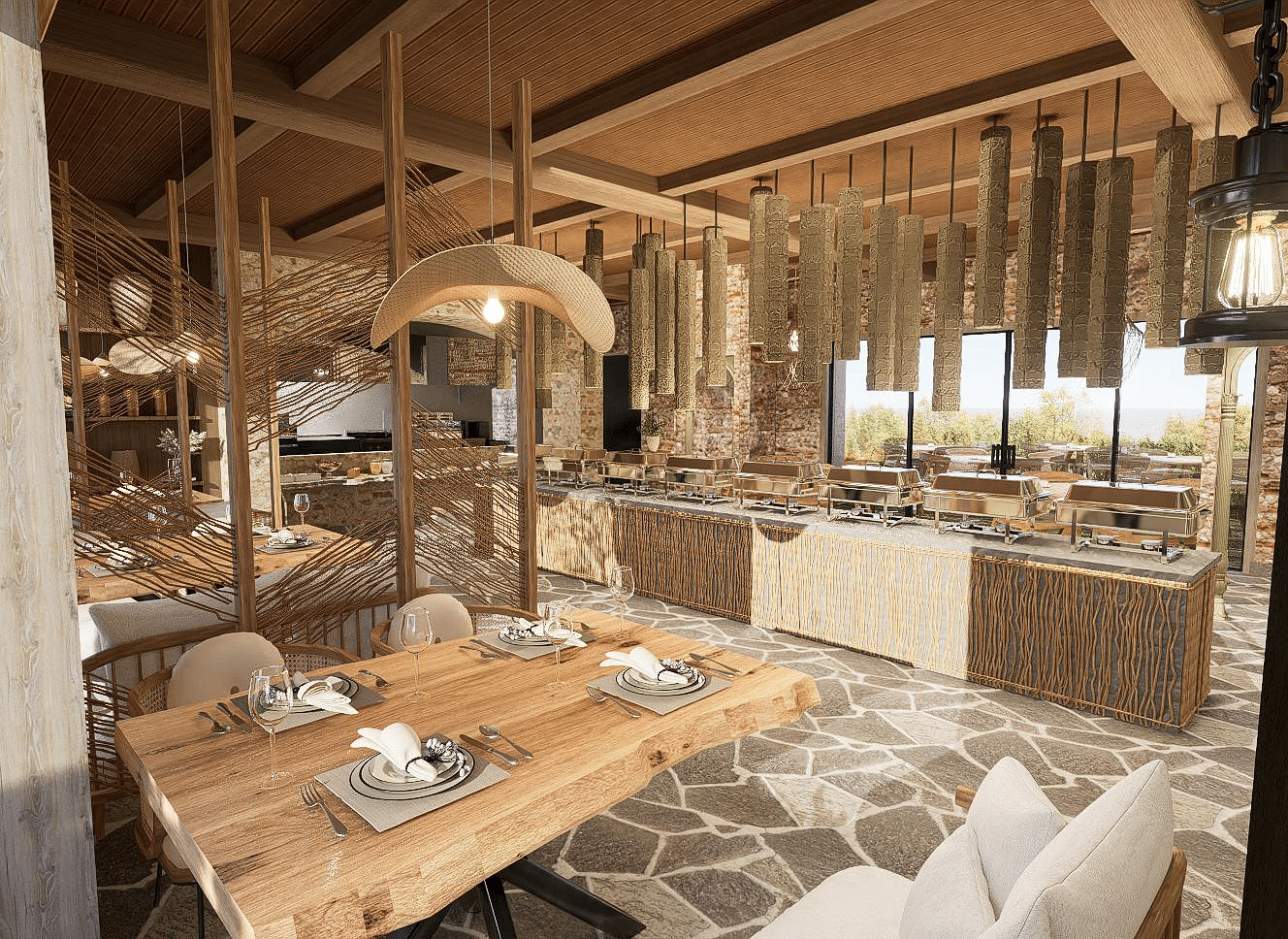 Diagonal view of the restaurant with neatly set tables and chairs, featuring a central table with a buffet setup at The Evren, Vagator.