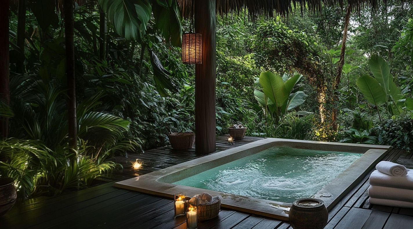 An outdoor plunge pool surrounded by a wooden deck amidst greenery