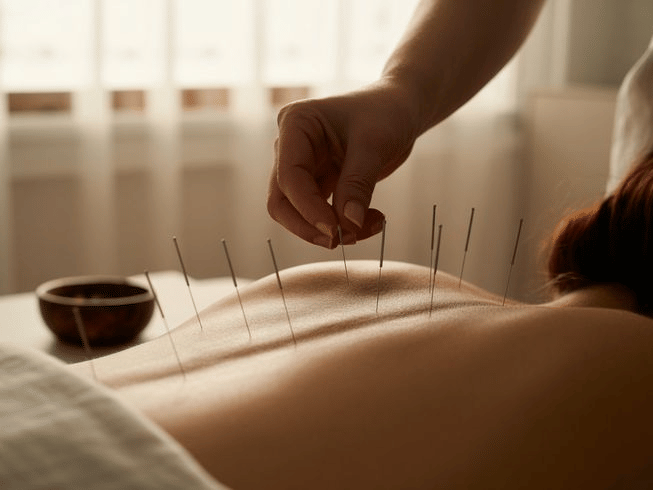 Acupuncture session at YO1 Wellness Center where a practitioner gently places fine needles along a guest’s back during a holistic wellness therapy treatment in a softly lit room.