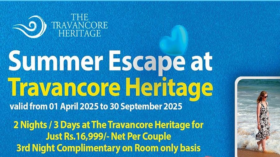 Poster for the Summer Escape at The Travancore Heritage Beach Resort, highlighting a 2-night stay offer with inclusions, discounts, and a complimentary third night.