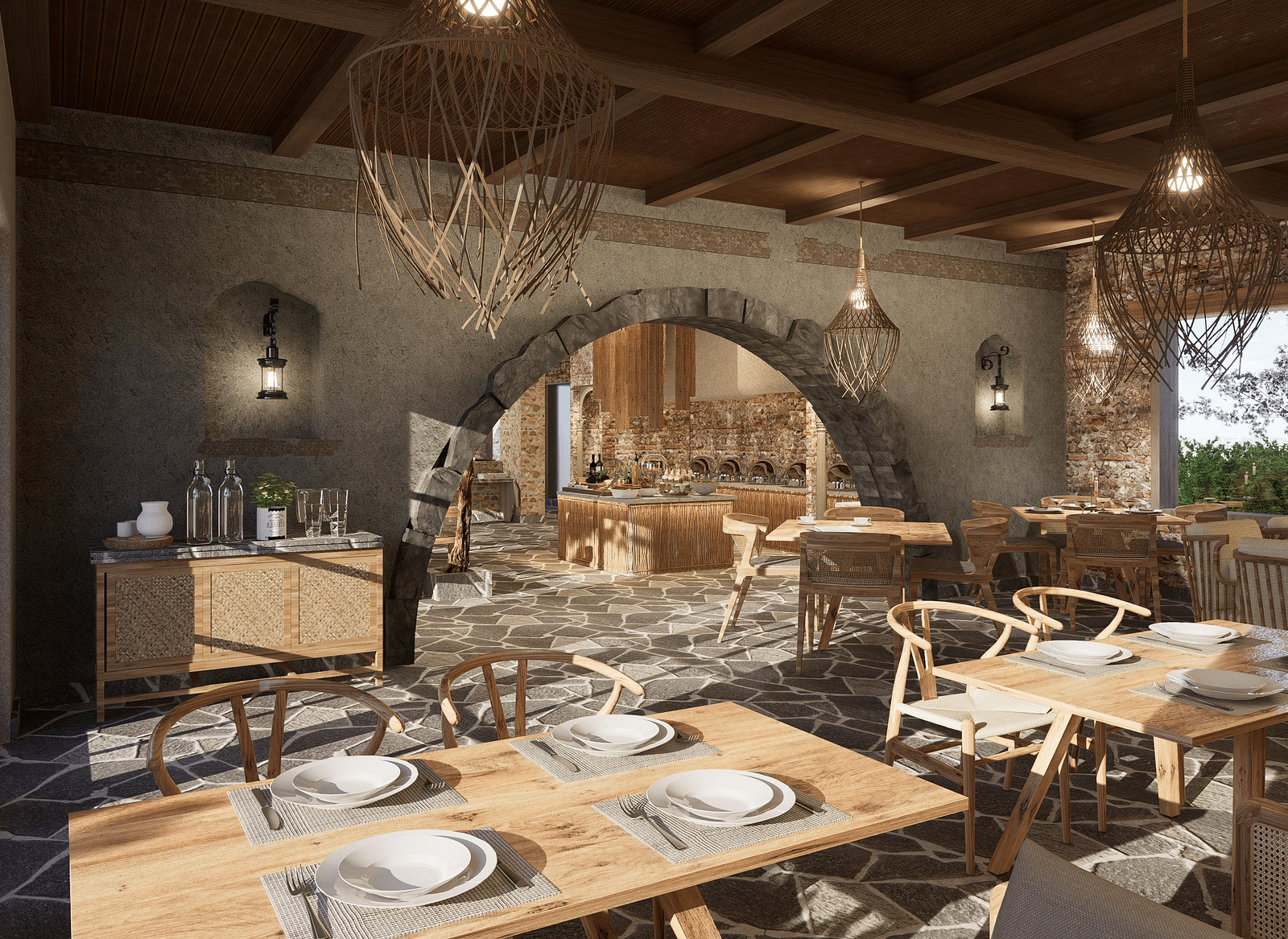 A restaurant with neatly set tables and chairs, featuring woven light decorations hanging at The Evren, Vagator.
