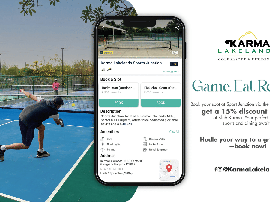 Hudle App Promotion banner showing the perks of having the app - Karma Lakelands.