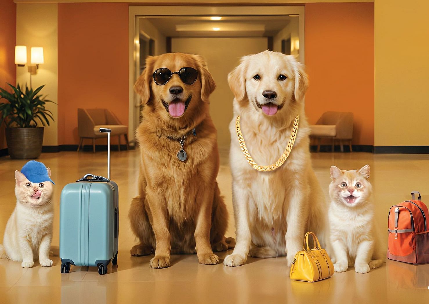 Three dogs and two cats standing in a hotel lobby with luggage. 