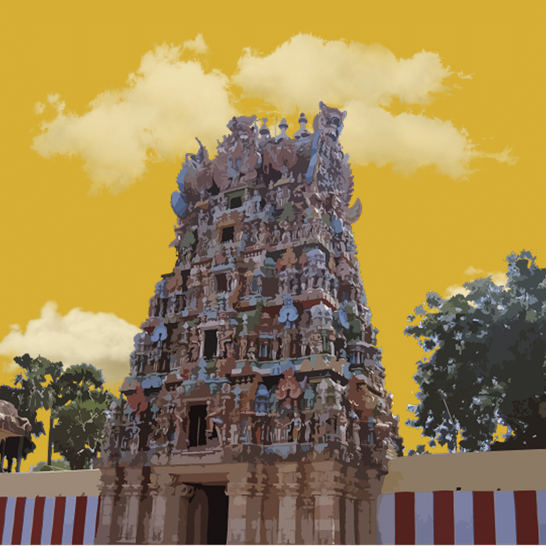 Richly sculpted entrance of a temple with warm tones and layered design.