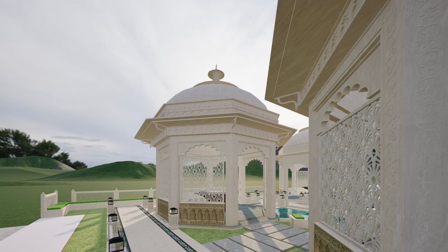a gazebo of Panch Mahal featuring dome roofs, ornamental lattice screens and intricate architecture, seen from the side of another gazebo - Kaldan Samudhra Palace 