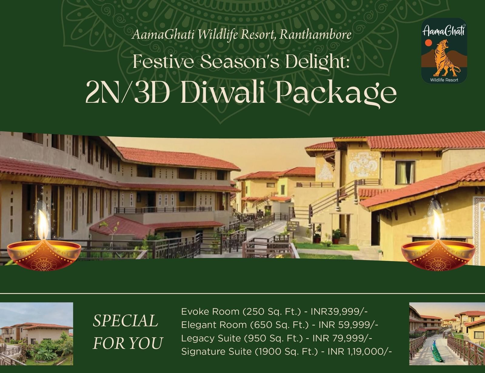 Aamaghati Resort Diwali package creative showing 2N/3D offer details, pricing, inclusions, and terms for Oct 17–22, 2025.