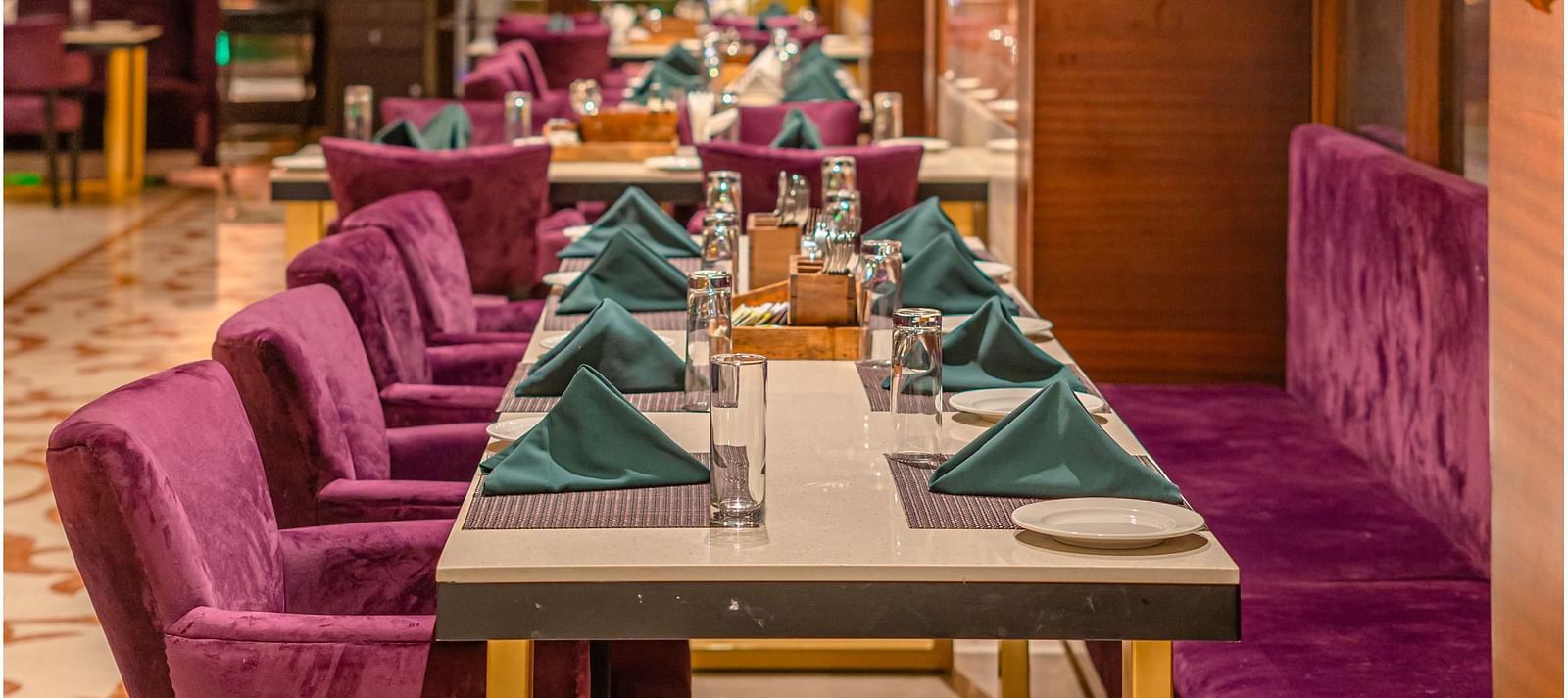 Cushioned chairs and a table set with exquisite culinary offerings for guests at Courtyard Fine Dine, Crescent Spa & Resort, Indore