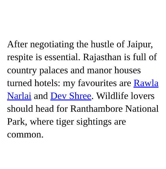 Text excerpt discussing travel in Rajasthan, mentioning Rawla Narlai, Dev Shree, and Ranthambore National Park. 