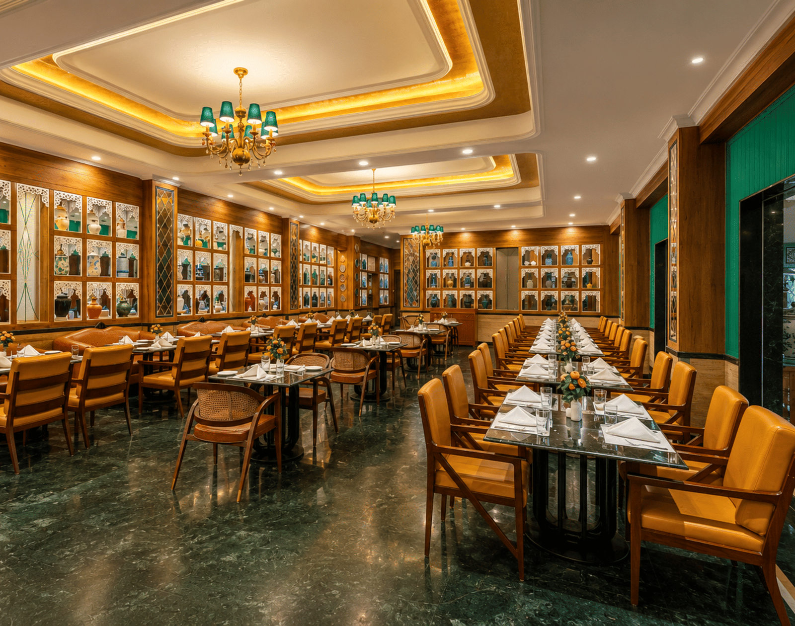 Tea Pot restaurant interior with decorative lighting at Mayfair Oasis Resort, Jharsuguda