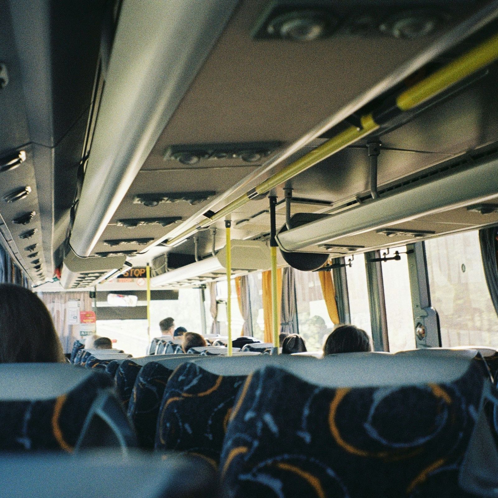 A view from inside a bus showing seats