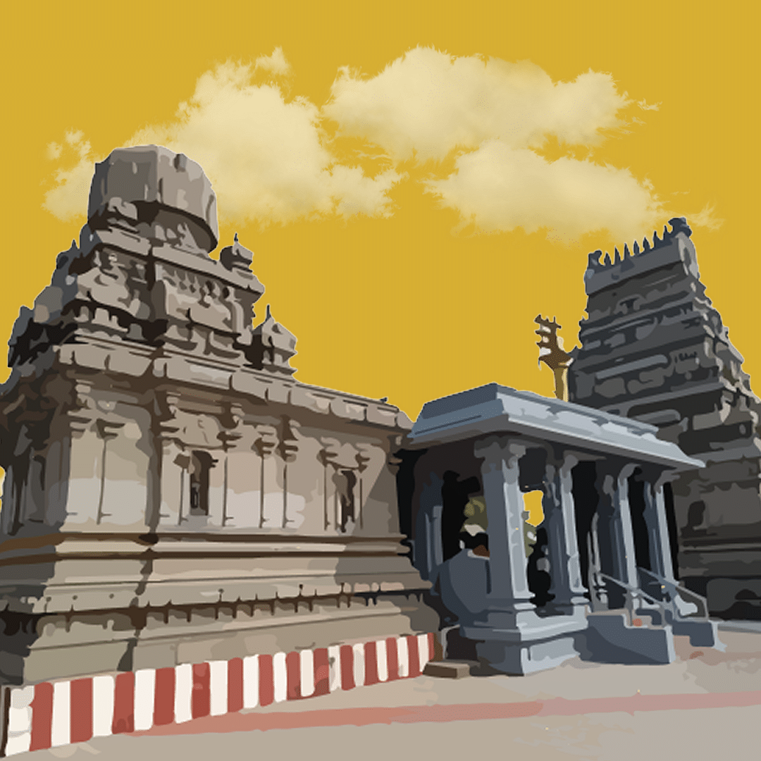 Ornate stone structure of Yathothkari Perumal Temple with detailed carvings and calm presence.
