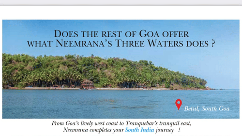 Promotional flyer showcasing Neemrana Hotels' unique properties in South India, including beachside, garden, and heritage accommodations