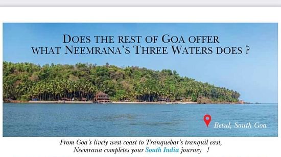 Promotional flyer showcasing Neemrana Hotels' unique properties in South India, including beachside, garden, and heritage accommodations