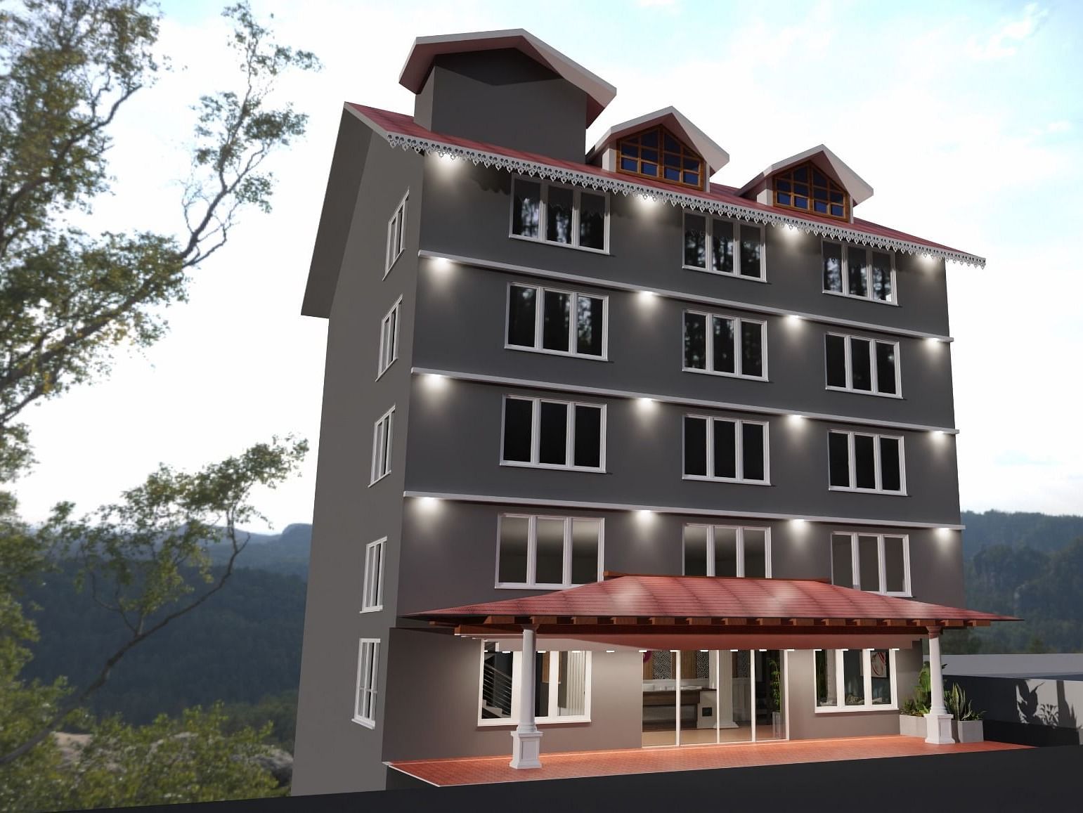 Facade image of Sumitel Pelling showcasing the hotel's building with greenery around