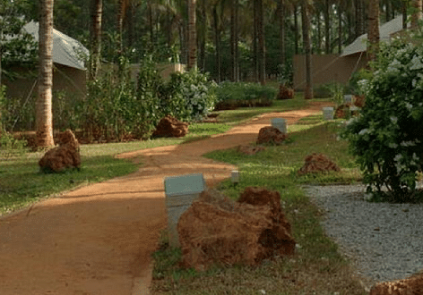A winding path through a garden with trees and flags, outdoor setting - Shreyas Retreat