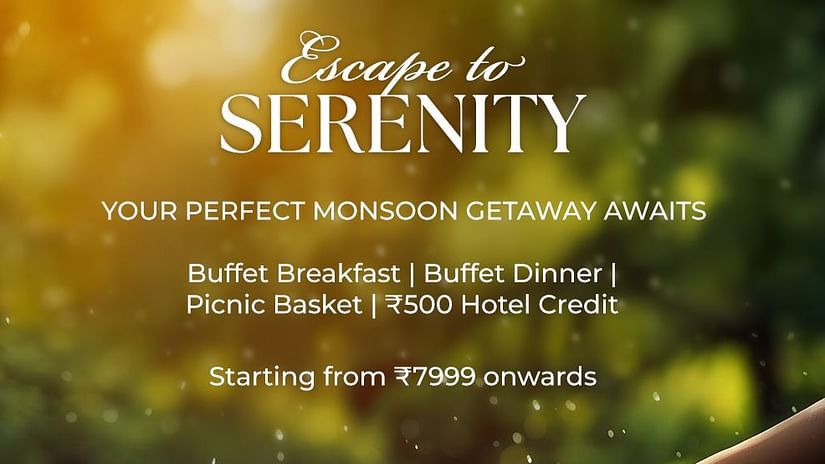Creative for the Escape to Serenity Package with a hand pushing a yellow paper boat on water, with a blurred backdrop of green foliage and a golden glow. The text lists inclusions and booking details.