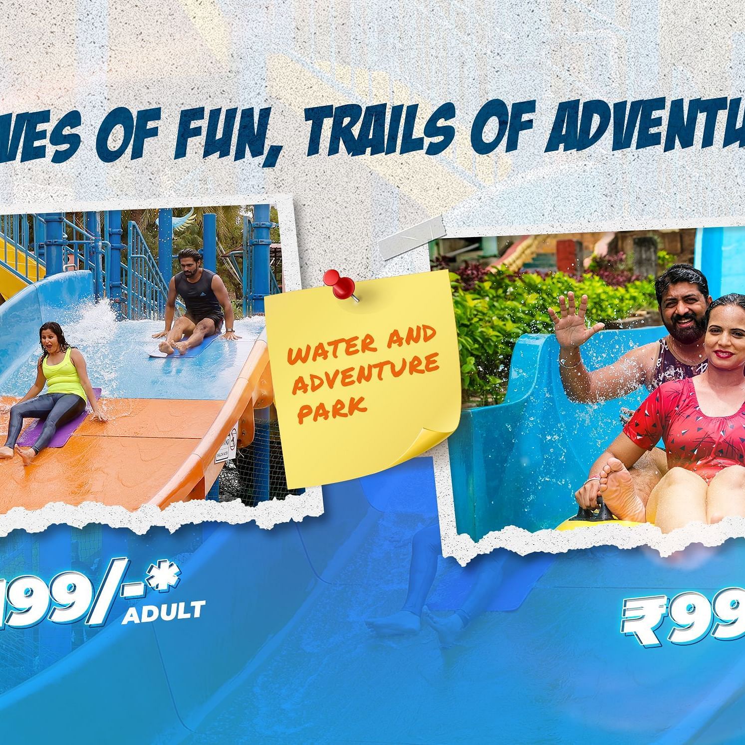 A graphics card showing two different picture of people enjoying water slides | Diamond Parks, Pune