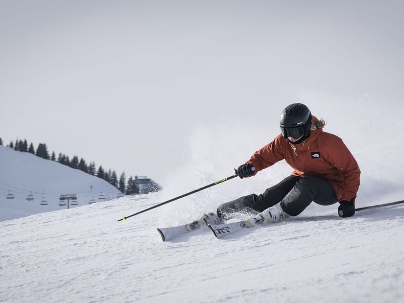 A skier on the snow-capped mountain