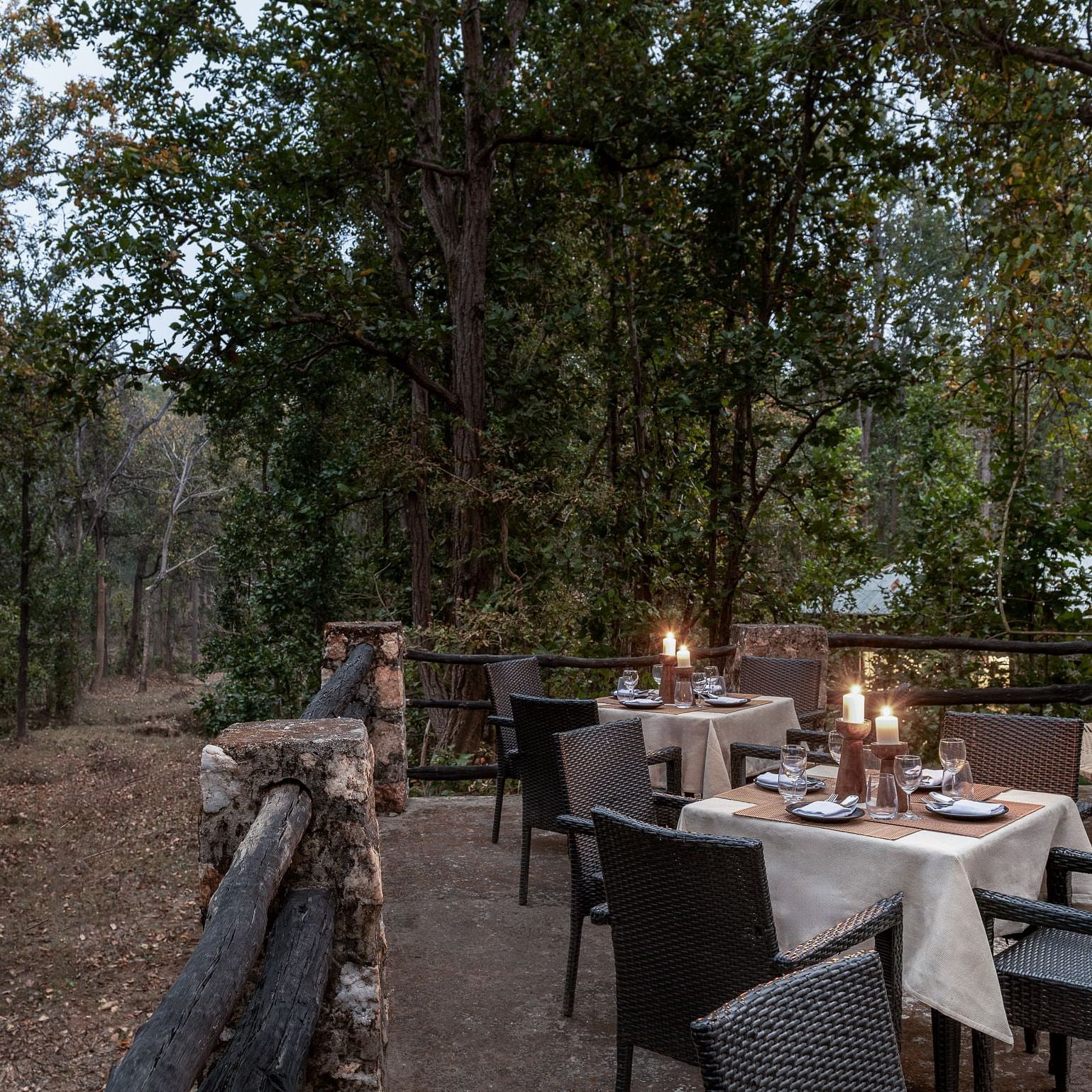 Dining setup at Machaan dining at Saccharum Safari Lodge, Balaghat