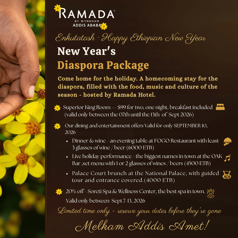 Creative for Ramada by Wyndham Addis Ababa Ethiopian New Year Diaspora Package, featuring hands holding a yellow Adey Abeba flower alongside room package details, dining offers, and spa discounts.