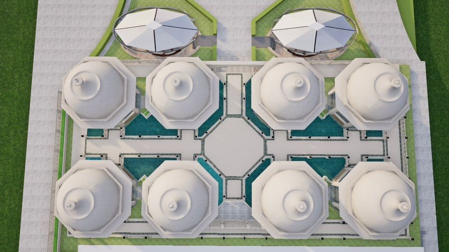 the top angle shot of Panch Mahal featuring eight domes, a central courtyards, and shallow pools of water - Kaldan Samudhra Palace