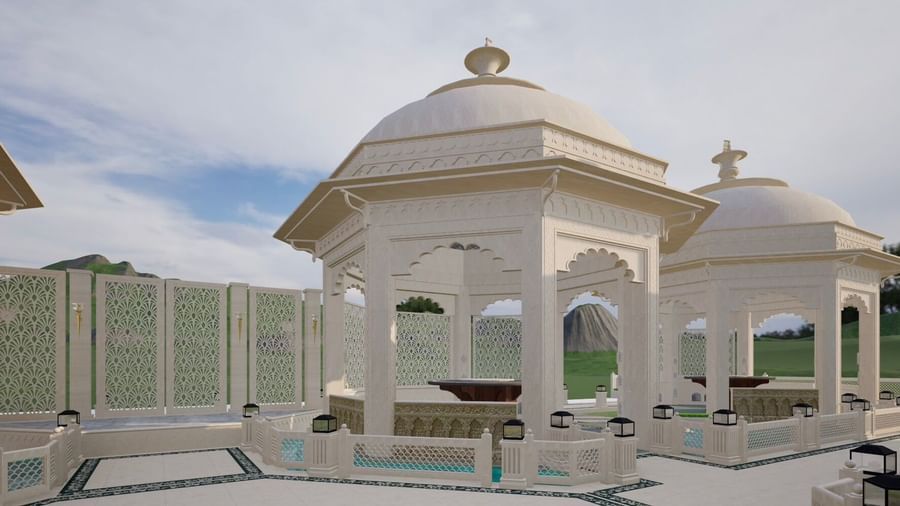 two gazebos of Panch Mahal placed next to each other, each featuring  a centre table, ornamental lattice screens, and dome roofs - Kaldan Samudhra Palace
