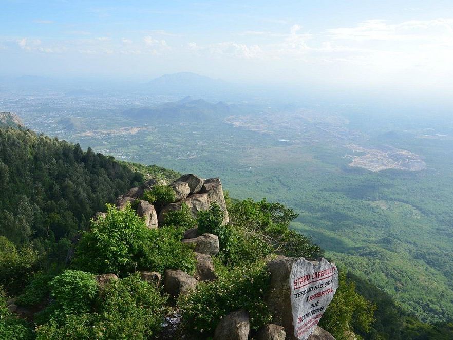 A wide-angle shot of the beautiful green landscape of Yercaud from the Lady's Seat view point in Yercaud.