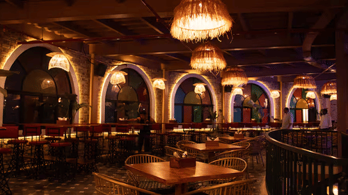 Warm, rustic interior of Old mill restaurant