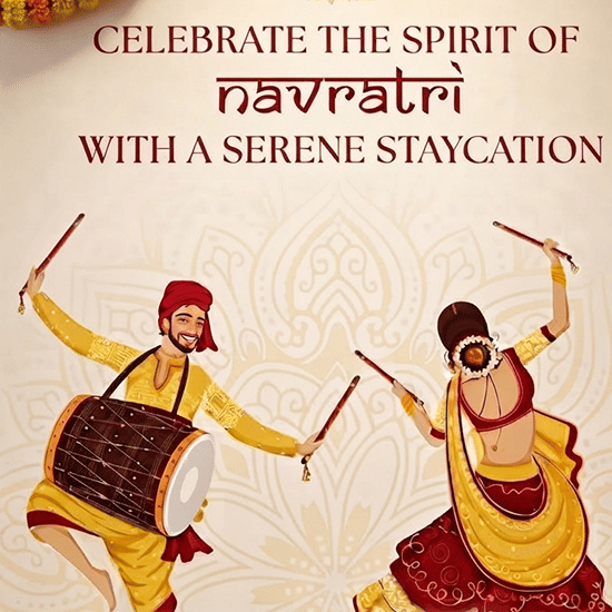 The Resort Navratri staycation poster featuring traditional dandiya dancers, buffet breakfast and dinner, and discounts on recreation, food and laundry.