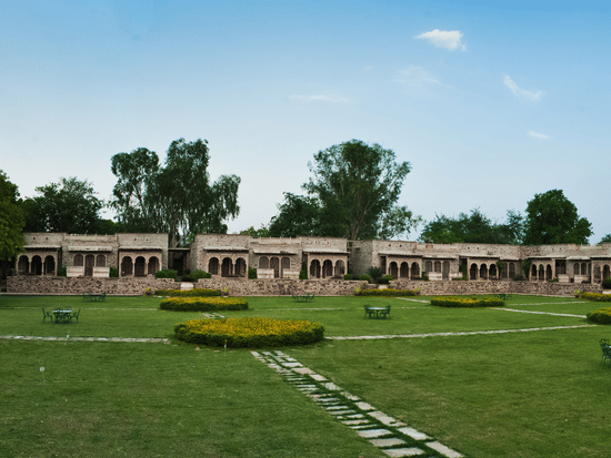 Deo Bagh - 17th Century, Gwalior - a panoramic view of the garden with the resort in Gwalior in the background