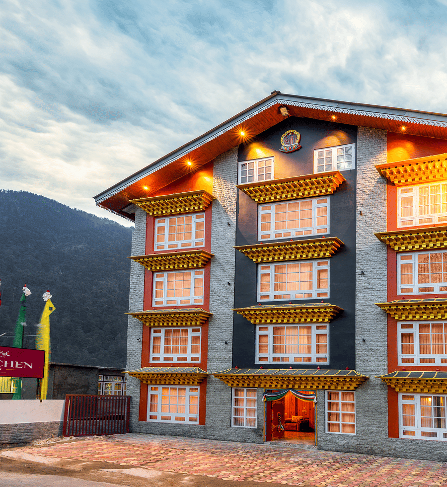 Facade of Summit Gangchen Hotel, Lachen with Tibetian architecture