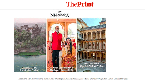 Screenshot from ThePrint detailing Neesam Hotels collaboration with state governments on heritage restoration projects in Uttar Pradesh and Madhya Pradesh under the PPP model.