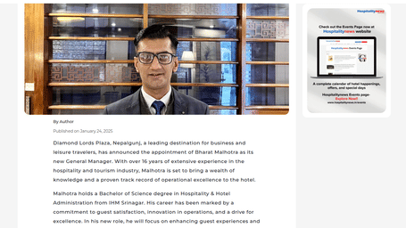 Bharat Malhotra, the new General Manager of Diamond Lords Plaza, Nepalgunj, is featured in a professional portrait standing in front of a wooden bookcase.