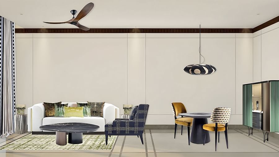 Sanctuary Suites living room at The Riverview Retreat, Corbett with dining table, ceiling fan, and stylish furnishings.