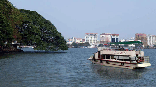 A passenger ferry boat cruises along a wide river, with a massive overhanging tree, a concrete shoreline, and distant city buildings in the background.