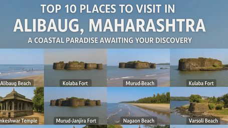 A graphic titled 'TOP 10 PLACES TO VISIT IN ALIBAUG, MAHARASHTRA' features a grid of twelve labelled thumbnail images.