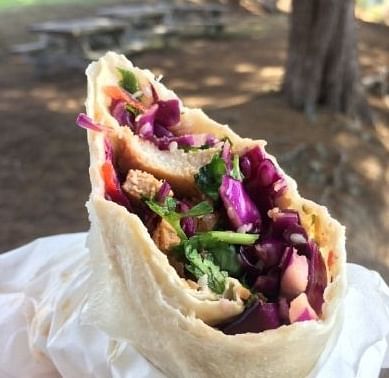 A hand holding a pita sandwich filled with colorful vegetables and greens.