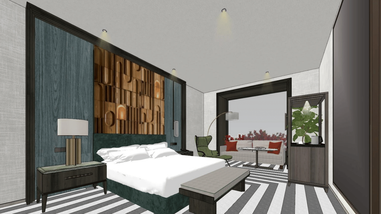 3D interior concept of a bedroom suite at The Residency Signature Madurai showing a king bed, striped rug, wooden feature wall, and a large window.