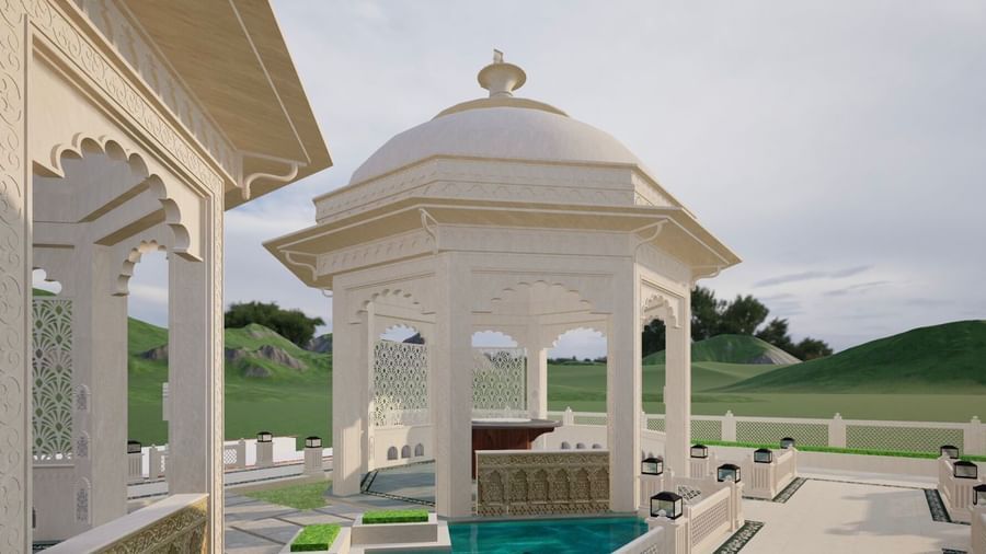 a wide angle shot of the gazebos of Panch Mahal with a backdrop of the hills, featuring Rajput architecture, courtyards, and shallow pools of water - Kaldan Samudhra Palace