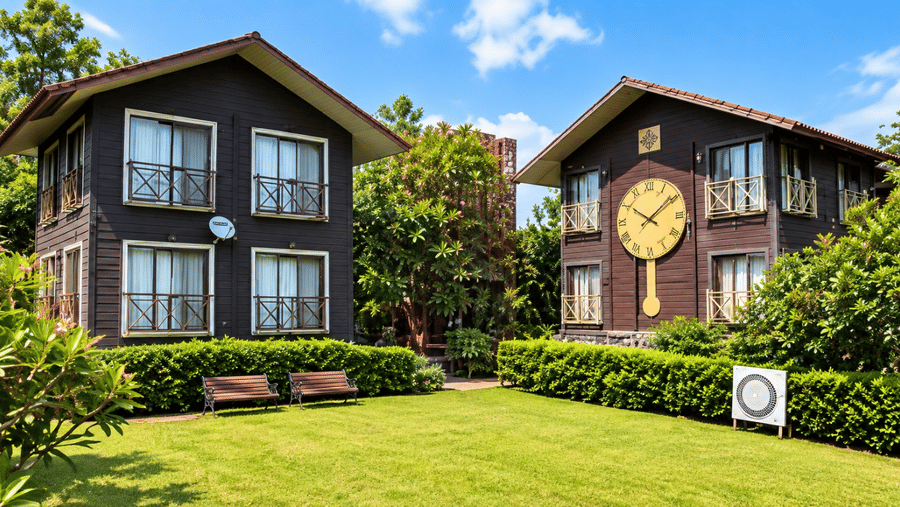 A facade of VITS Select Jayshin, Igatpuri featuring two cottage style buildings with greenery around and a huge lawn in front of them.