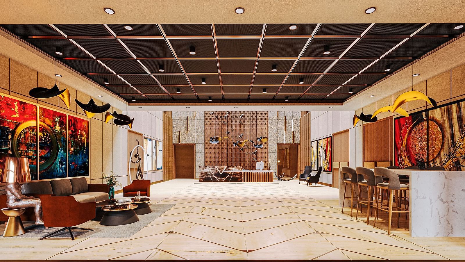 full view image of the lobby at kertel suites, kinshasa with a seating area in it