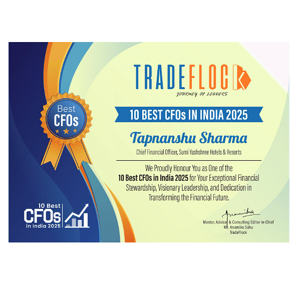 Certificate honoring Tapnanshu Sharma as one of the 10 Best CFOs in India 2025 by TradeFlock for financial leadership.