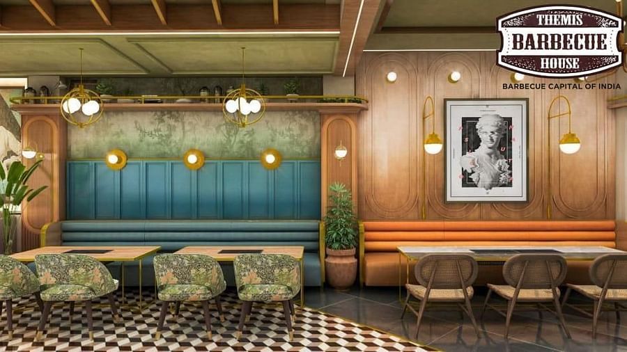 An image of a seating area with tables and chairs at - Themis Barbecue House, Panipat