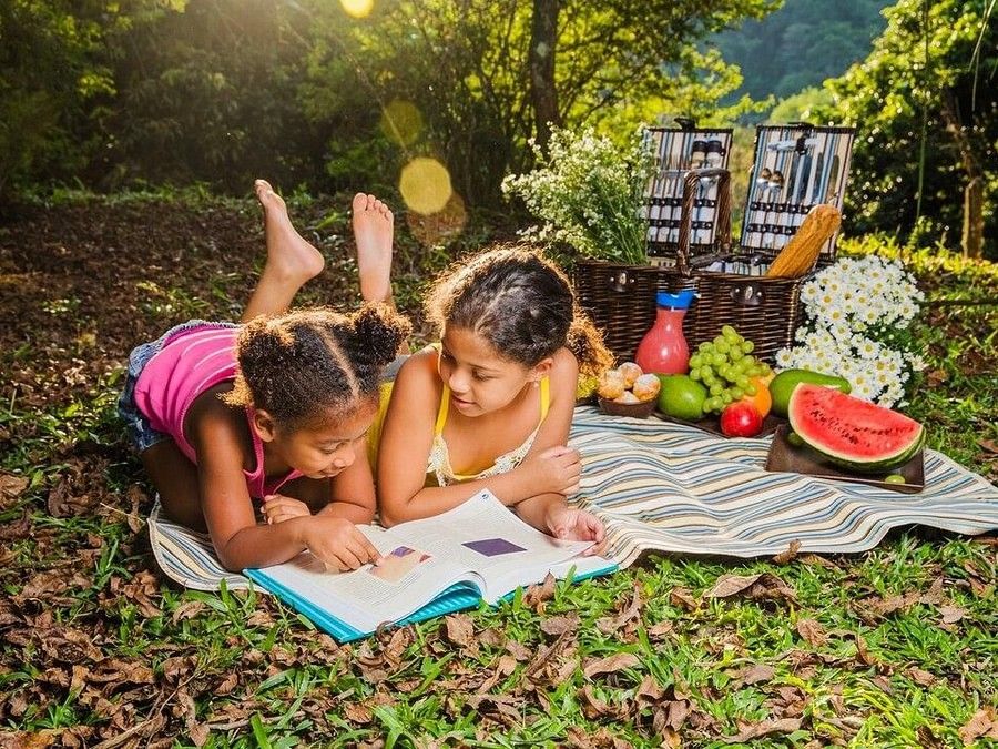 Two girls lying under the sun on a mat with picnic spread on the side and smiling while reading a book