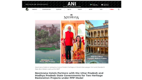 A webpage screenshot highlighting Neemrana Hotels announcement about its partnership with Uttar Pradesh and Madhya Pradesh governments for heritage restoration projects under PPP model.