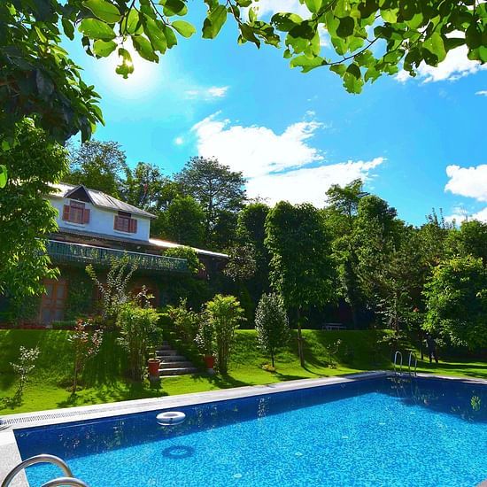 A large swimming pool surrounded by lush greenery and a house in the background.