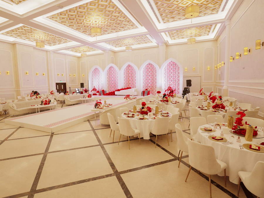 Corner view of an elegantly decorated banquet hall at La Maison, Doha, with round tables set for a formal event.