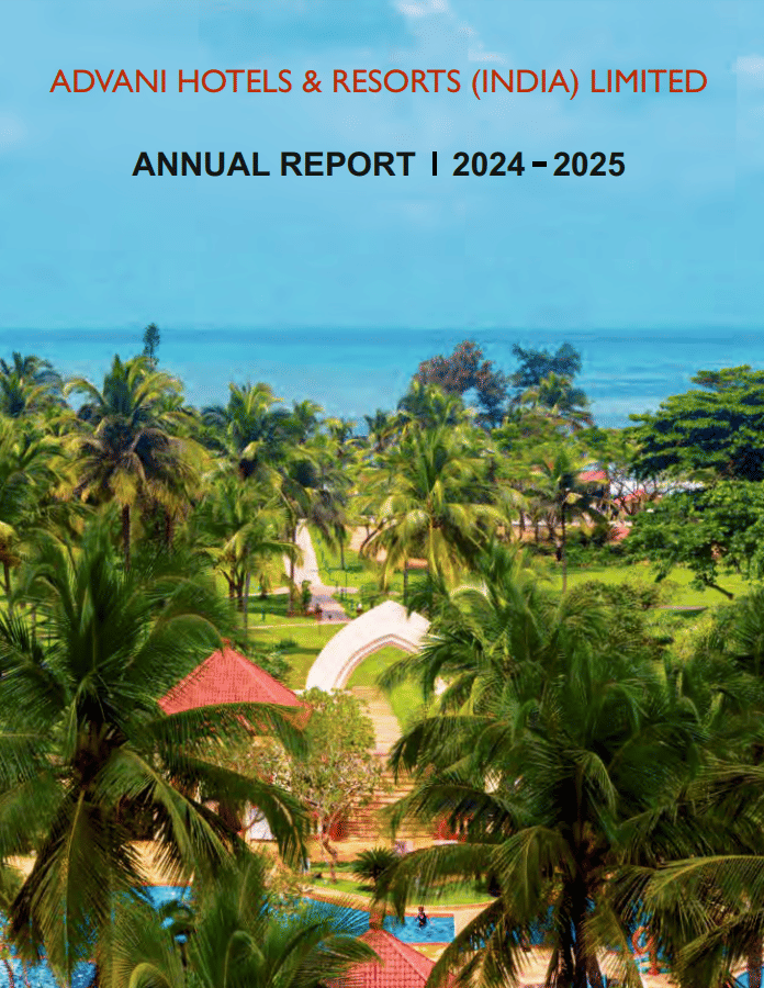 Cover page of Advani Hotels & Resorts (India) Limited Annual Report 2024–2025 featuring a tropical resort landscape with palm trees, red-roofed buildings, a swimming pool, and the ocean in the background.