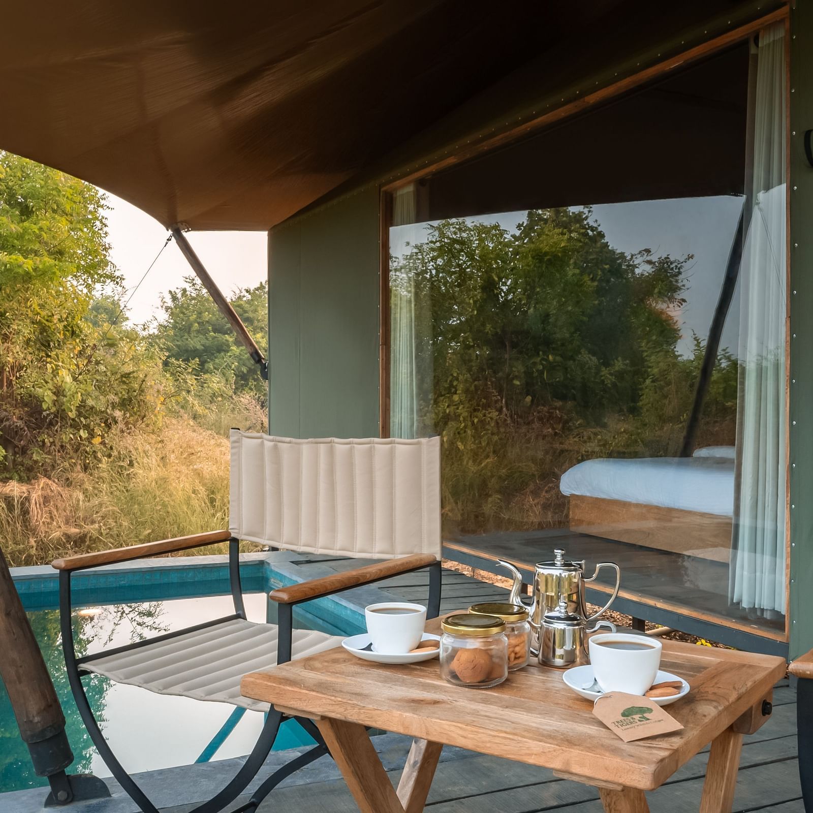 Dining setup in a tent at Trees N Tigers, Tadoba.